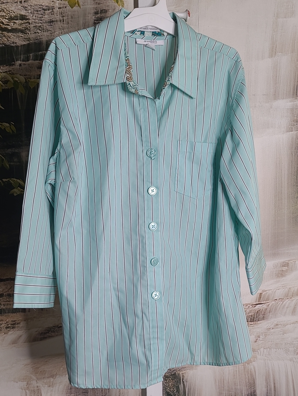 Dressbarn Womens 14/16 mint green striped button down collar long sleeve blouse